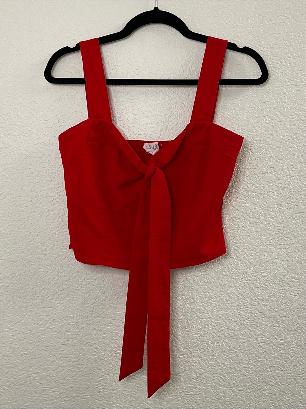 Sienna Sky Cherry Red Tie Front Smocked Back Crop Tank Top | Medium - Picture 2 of 7